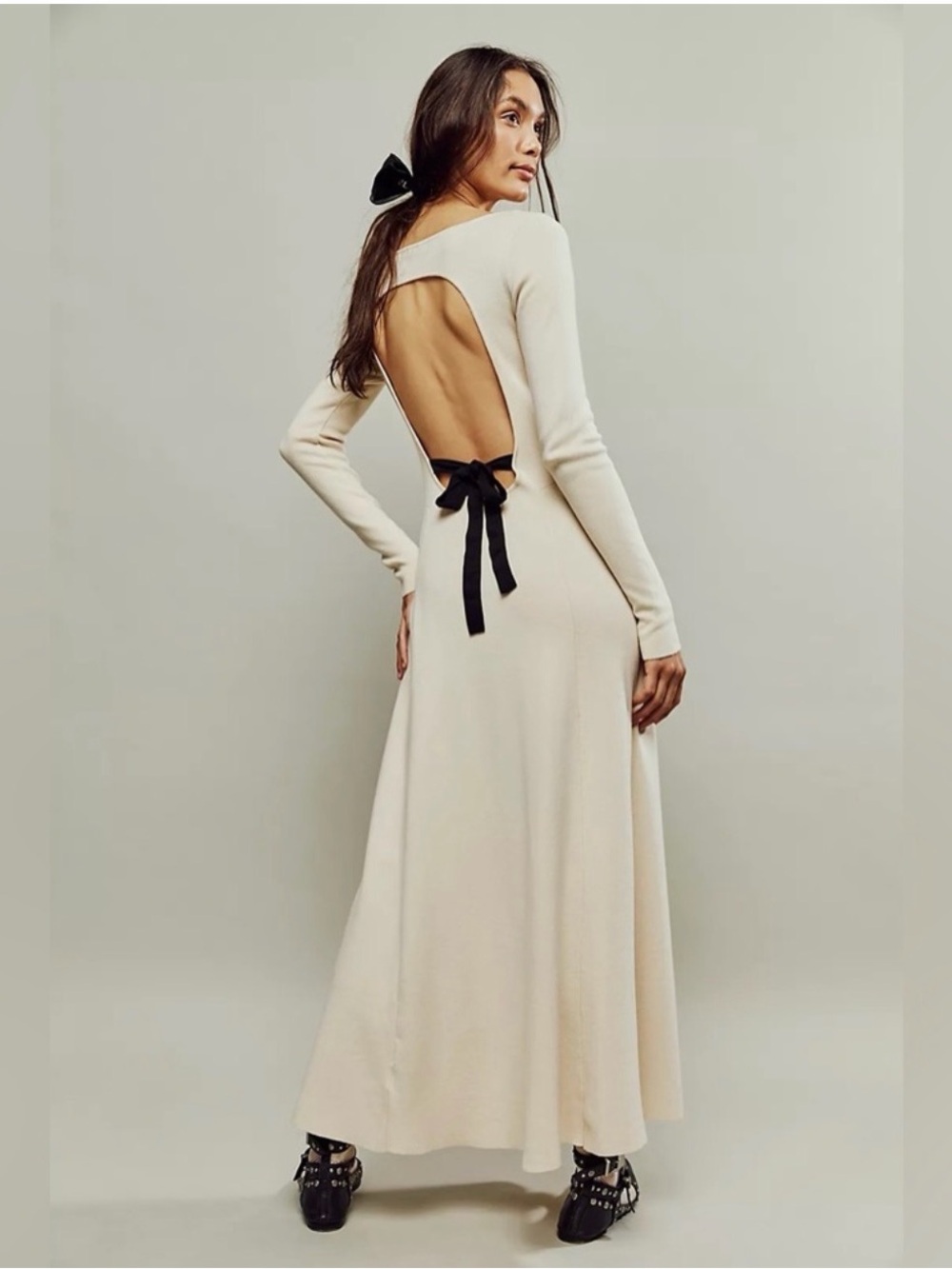 Free People Tupelo Honey Open Back Black Bow Maxi Dress